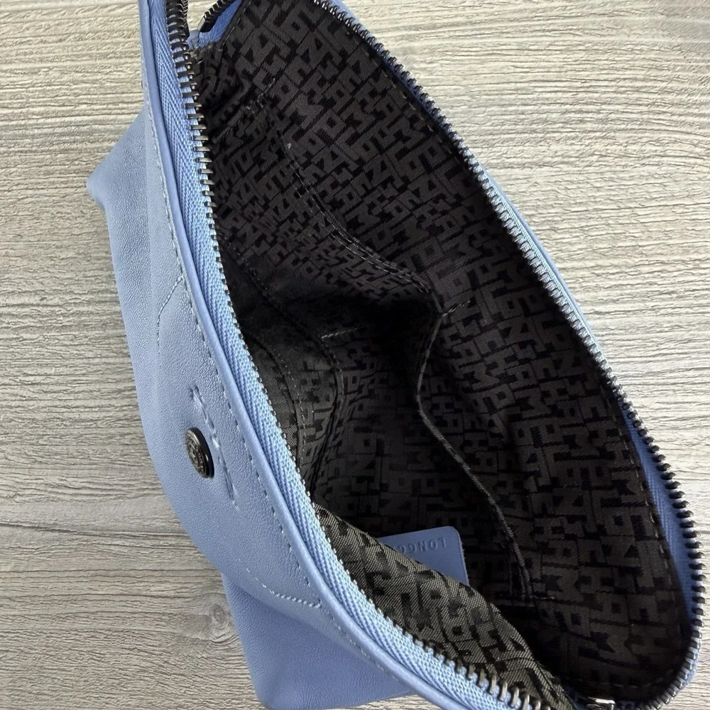 Longchamp Le Pliage Cuir Leather Pouch Cosmetic Bag Pilot Blue Zip Clutch